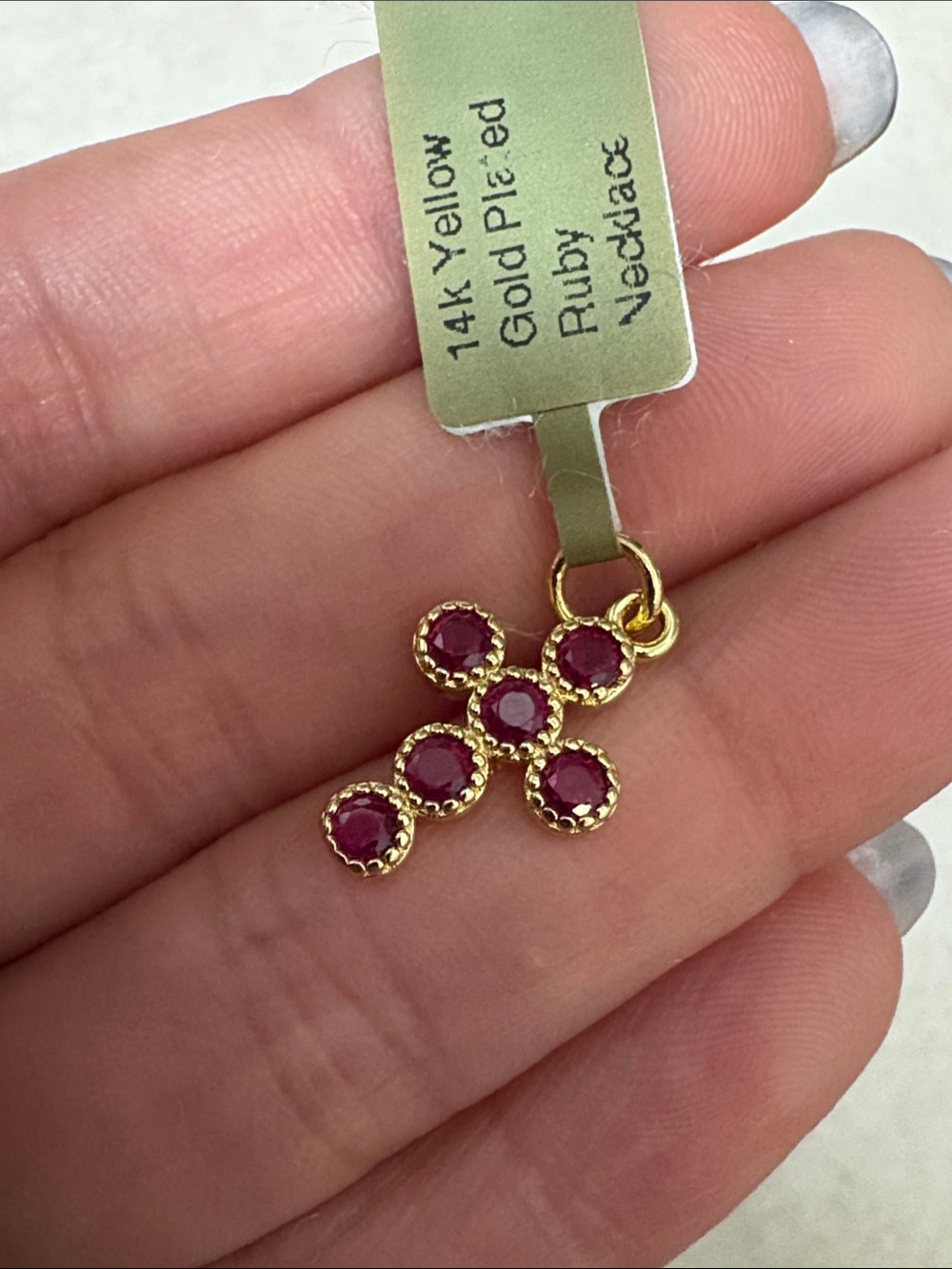14K Yellow Gold plated Genuine Ruby Cross Pendant Necklace.